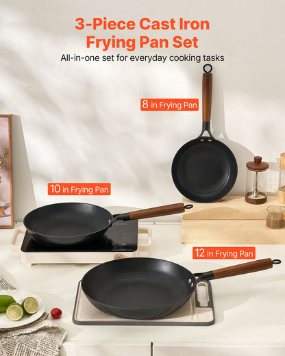 Cast Iron Skillet, 3-Piece Frying Pan Set (8, 10, 12 in), Nonstick Skillets with Detachable Wood Handle, Pre-Seasoned Chef's Pan, Kitchen Cookware for Gas, Electrical, and Induction, Black