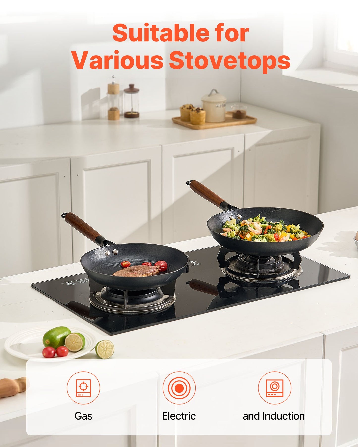 Cast Iron Skillet, 3-Piece Frying Pan Set (8, 10, 12 in), Nonstick Skillets with Detachable Wood Handle, Pre-Seasoned Chef's Pan, Kitchen Cookware for Gas, Electrical, and Induction, Black