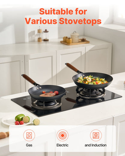 Cast Iron Skillet, 3-Piece Frying Pan Set (8, 10, 12 in), Nonstick Skillets with Detachable Wood Handle, Pre-Seasoned Chef's Pan, Kitchen Cookware for Gas, Electrical, and Induction, Black