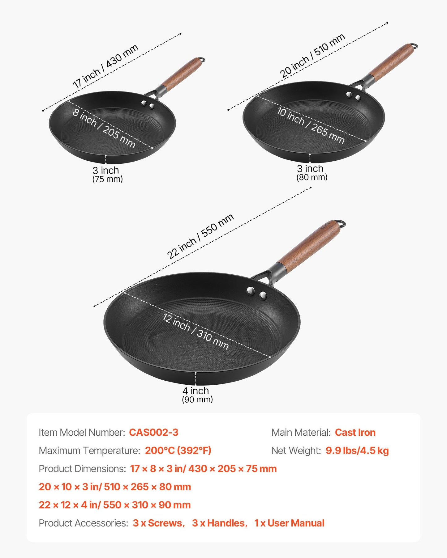 Cast Iron Skillet, 3-Piece Frying Pan Set (8, 10, 12 in), Nonstick Skillets with Detachable Wood Handle, Pre-Seasoned Chef's Pan, Kitchen Cookware for Gas, Electrical, and Induction, Black
