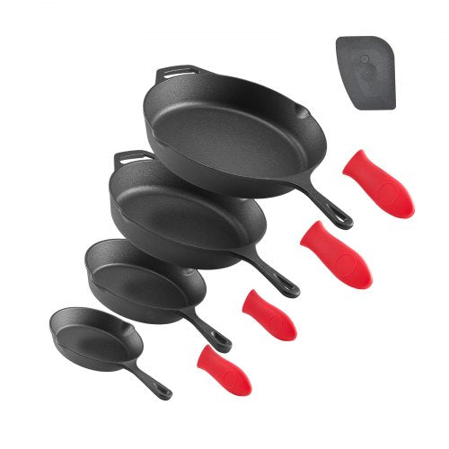 Cast Iron Skillet, 4-Piece Frying Pan Set (6, 8, 10, 12 in), Skillets with Heat-Resistant Silicone Handle, Pre-Seasoned Chef's Pan, Kitchen Cookware, for Oven, Gas, Electrical, Induction, Black