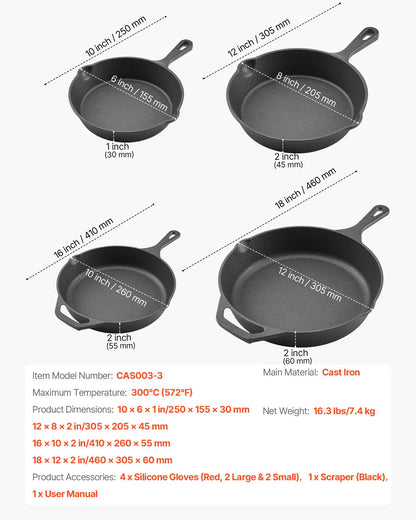Cast Iron Skillet, 4-Piece Frying Pan Set (6, 8, 10, 12 in), Skillets with Heat-Resistant Silicone Handle, Pre-Seasoned Chef's Pan, Kitchen Cookware, for Oven, Gas, Electrical, Induction, Black