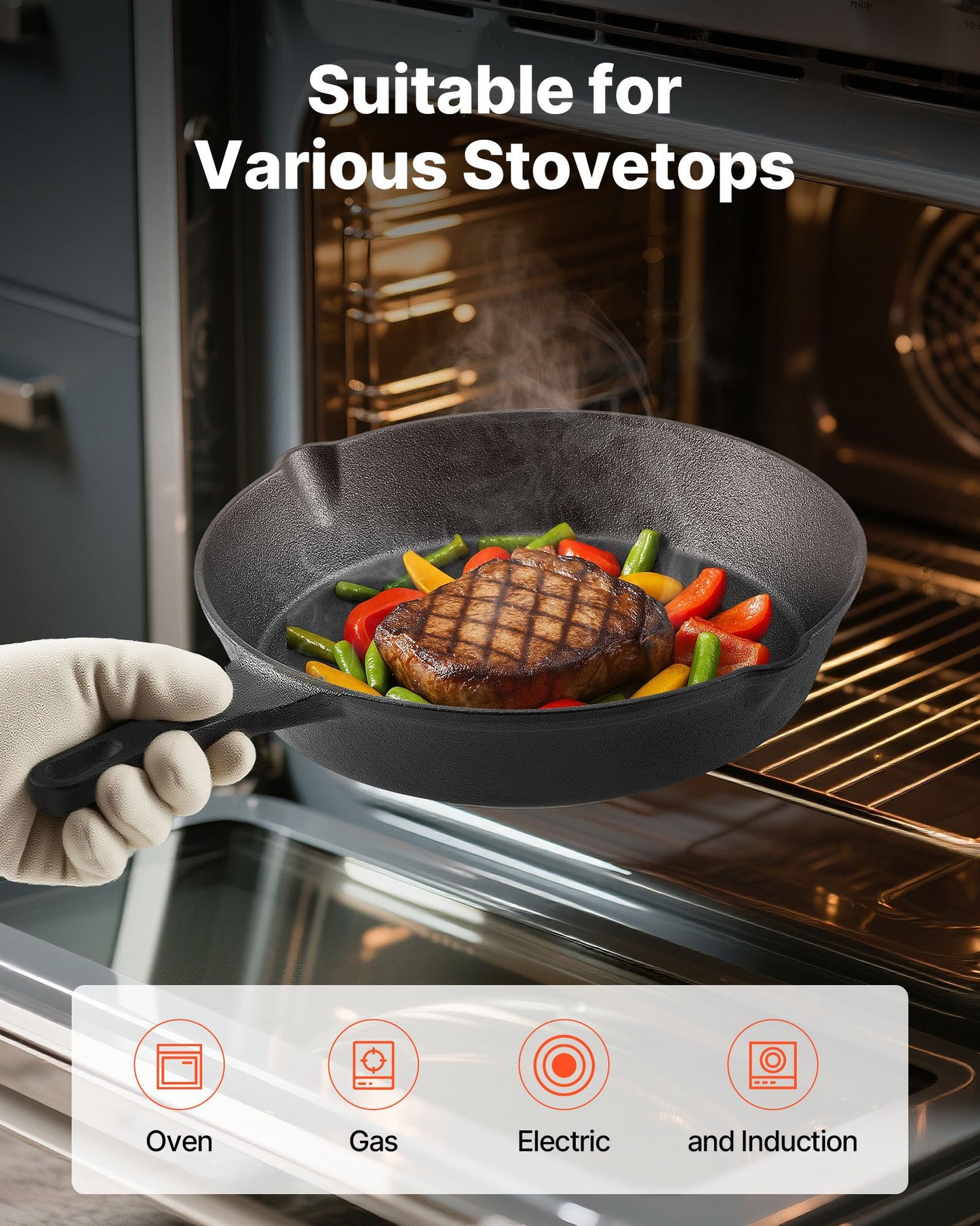 Cast Iron Skillet, 3-Piece Frying Pan Set (6, 8, 10 in), Heavy-Duty Skillets with Heat-Resistant Handle, Pre-Seasoned Chef's Pan, Kitchen Cookware, for Oven, Gas, Electrical, Induction, Black