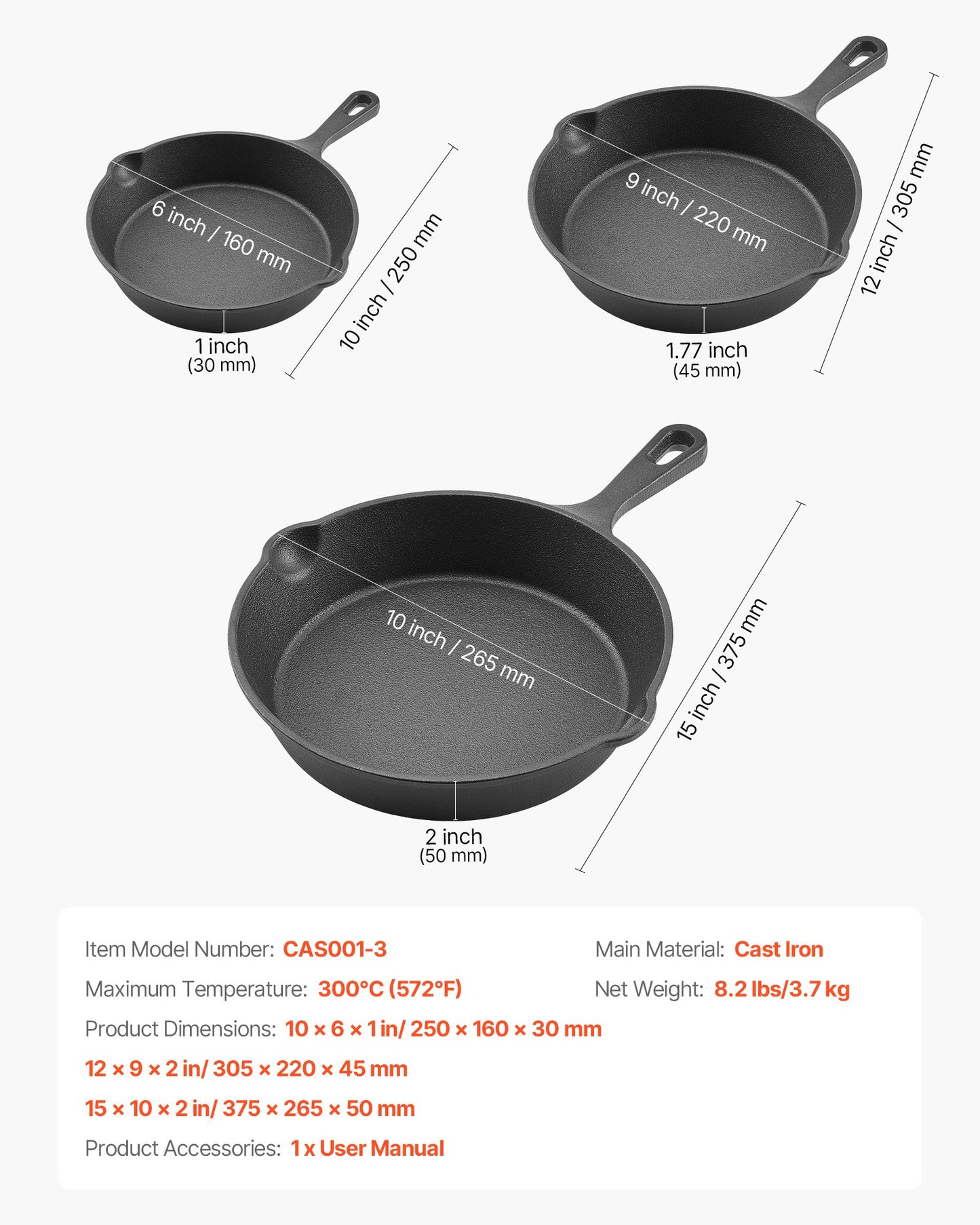 Cast Iron Skillet, 3-Piece Frying Pan Set (6, 8, 10 in), Heavy-Duty Skillets with Heat-Resistant Handle, Pre-Seasoned Chef's Pan, Kitchen Cookware, for Oven, Gas, Electrical, Induction, Black