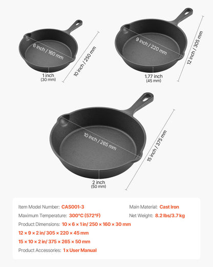Cast Iron Skillet, 3-Piece Frying Pan Set (6, 8, 10 in), Heavy-Duty Skillets with Heat-Resistant Handle, Pre-Seasoned Chef's Pan, Kitchen Cookware, for Oven, Gas, Electrical, Induction, Black