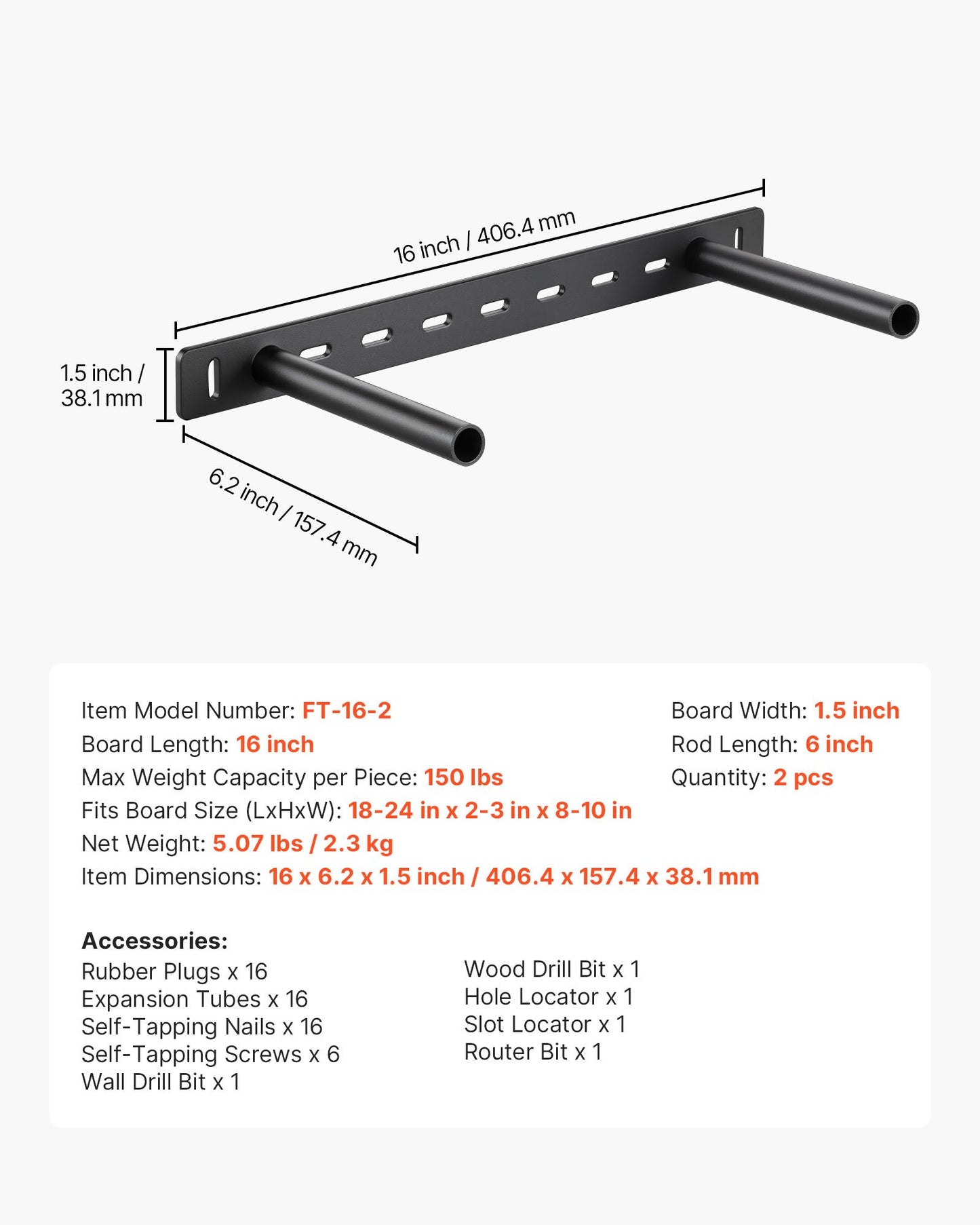 Floating Shelf Brackets 2 Pcs, 150 lbs/68 kg Weight Capacity, 16x6.2x1.5 inch / 406.4x157.4x38.1 mm, Heavy Duty Hidden Shelf Brackets Support, Wall Mounting Invisible Floating Shelves Bracket
