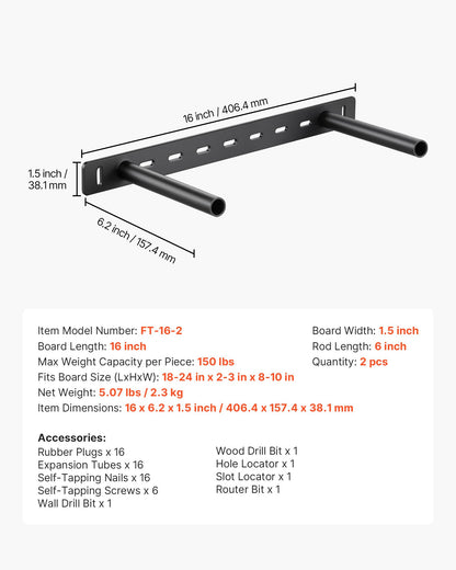 Floating Shelf Brackets 2 Pcs, 150 lbs/68 kg Weight Capacity, 16x6.2x1.5 inch / 406.4x157.4x38.1 mm, Heavy Duty Hidden Shelf Brackets Support, Wall Mounting Invisible Floating Shelves Bracket