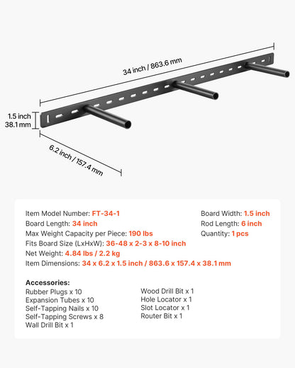 Floating Shelf Bracket 1 Pack, 190 lbs/86 kg Weight Capacity, 34x6.2x1.5 inch / 863.6x157.4x38.1 mm, Heavy Duty Hidden Shelf Brackets Support, Wall Mounting Invisible Floating Shelves Bracket