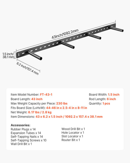Floating Shelf Bracket 1 Pack, 230 lbs/104 kg Weight Capacity, 43x6.2x1.5 inch / 1092.2x157.4x38.1 mm, Heavy Duty Hidden Shelf Brackets Support, Wall Mounting Invisible Floating Shelves Bracket