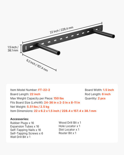 Floating Shelf Brackets 2 Pcs, 150 lbs/68 kg Weight Capacity, 22x6.2x1.5 inch / 558.4x157.4x38.1 mm, Heavy Duty Hidden Shelf Brackets Support, Wall Mounting Invisible Floating Shelves Bracket