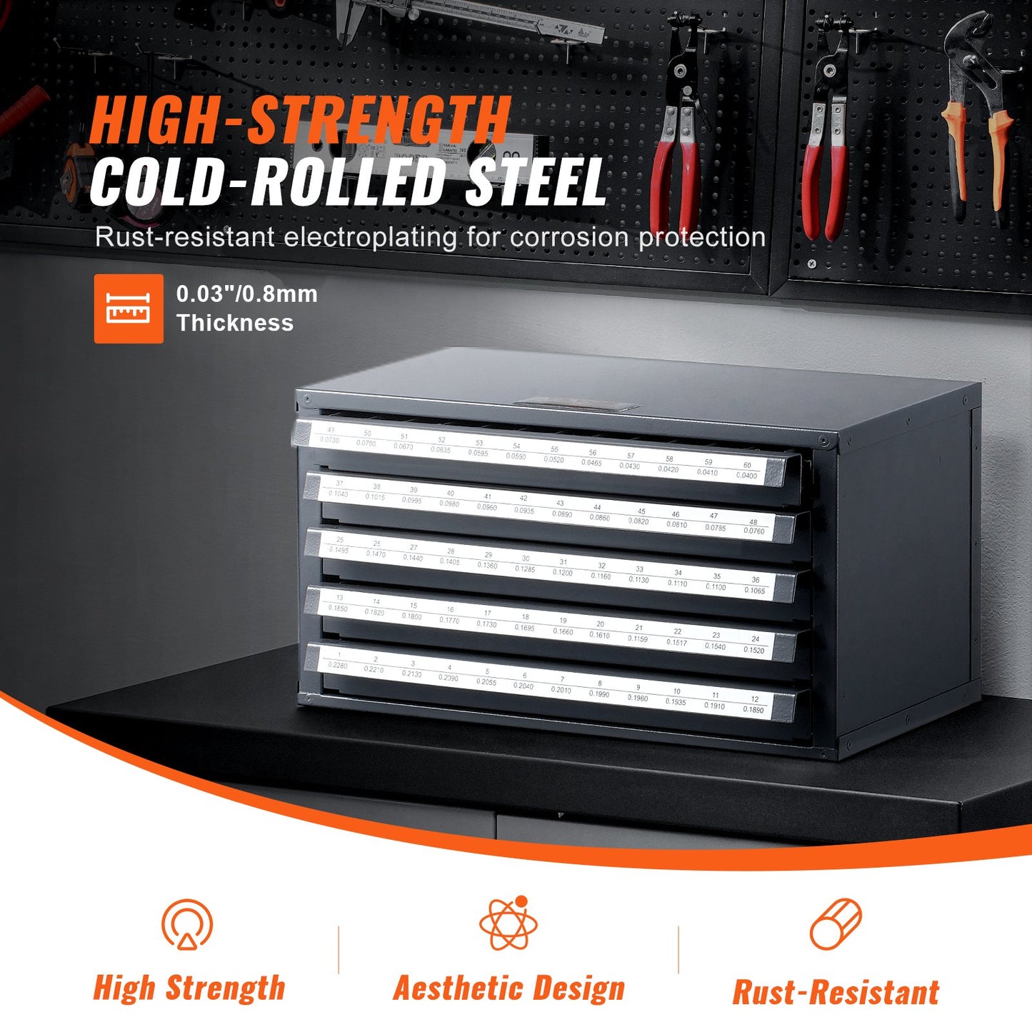Drill Bit Dispenser Cabinet, Five-Drawer Drill Bit Organizer Cabinet for #1 to #60 Steel Drill Dispenser Organizer Cabinet with Labels, Stackable Drill Dispenser for Drill Bit Storage