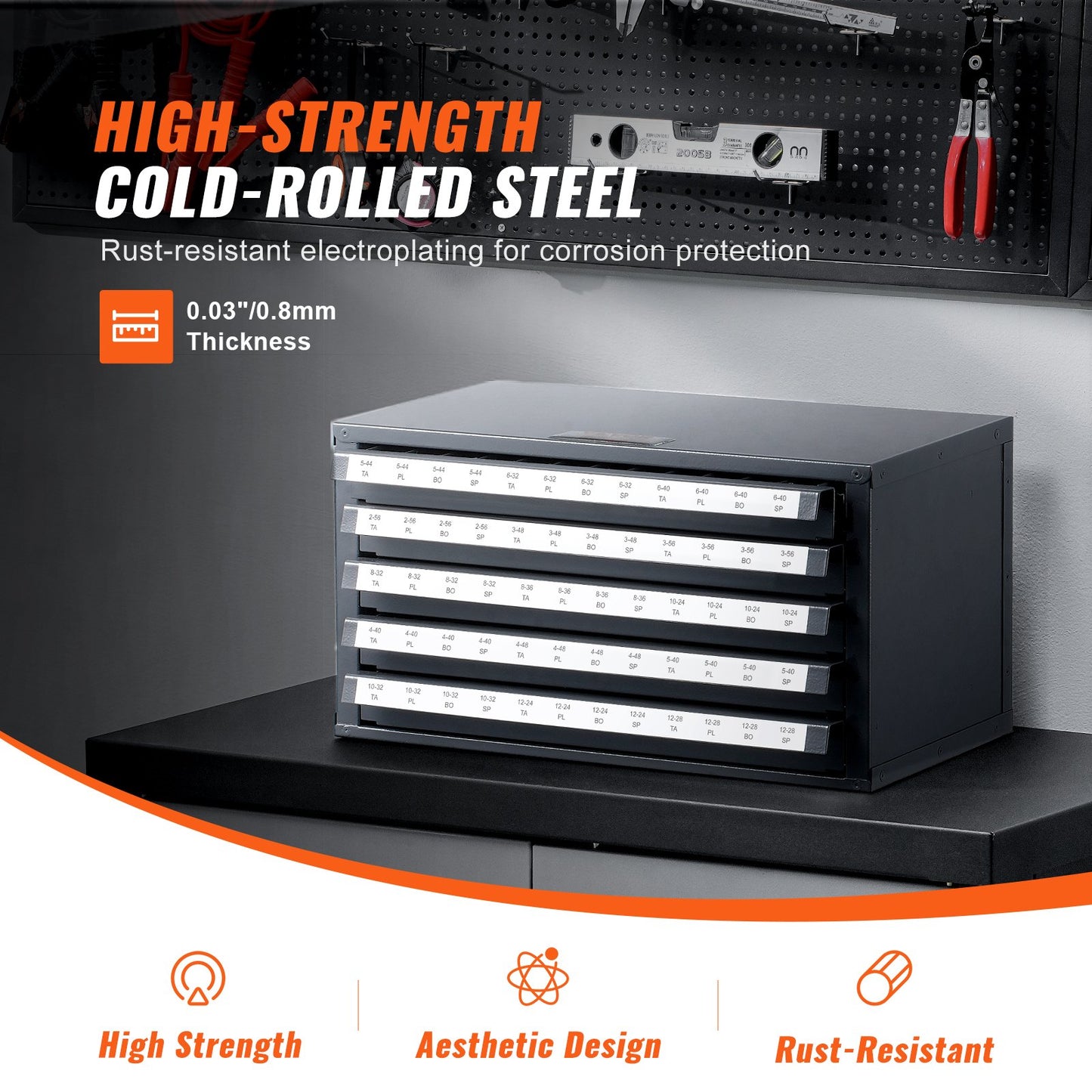 Wasserhahnspenderschrank, Wasserhahn-Organizerschrank mit fünf Schubladen für #2-56-#12-28 Wasserhahnspender-Organizerschrank aus Stahl mit Etiketten, stapelbarer Wasserhahnschrank mit 60 Fächern zur Aufbewahrung von Wasserhähnen