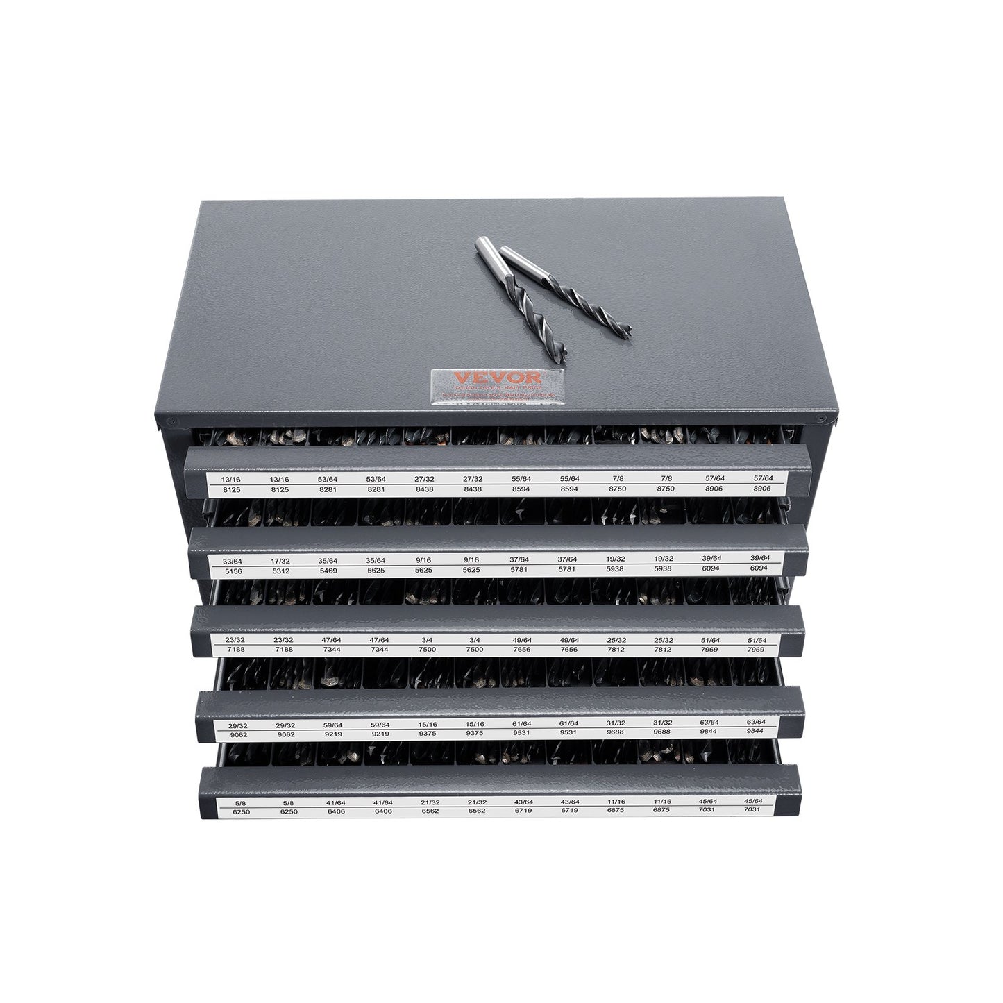 Bohrerspenderschrank, Bohrer-Organizerschrank mit fünf Schubladen für 33/64" bis 63/64" Bohrerspender-Organizerschrank aus Stahl mit Etiketten, stapelbares Bohrer-Aufbewahrungsregal
