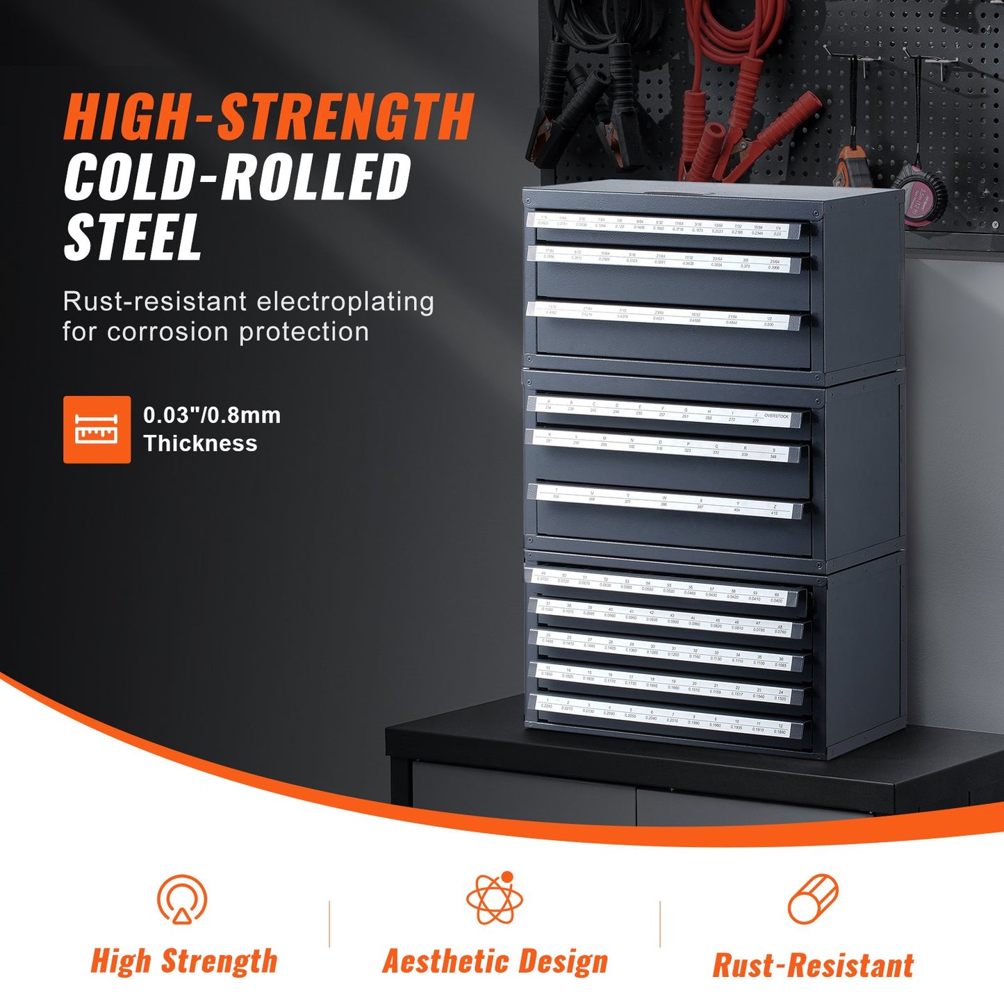 Borrbitsdispenserskåp, 3 delar tre-lådor för 1/16" till 1/2" & Letter-storlekar A till Z, Fem-lådorsborrorganisator för trådmätare storlekar #1 till #60, stapelbar för borrlagring