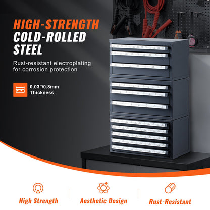 Borrbitsdispenserskåp, 3 delar tre-lådor för 1/16" till 1/2" & Letter-storlekar A till Z, Fem-lådorsborrorganisator för trådmätare storlekar #1 till #60, stapelbar för borrlagring