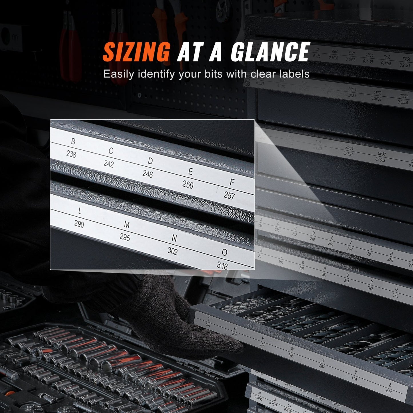 Borrbitsdispenserskåp, 3 delar tre-lådor för 1/16" till 1/2" & Letter-storlekar A till Z, Fem-lådorsborrorganisator för trådmätare storlekar #1 till #60, stapelbar för borrlagring