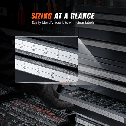Borrbitsdispenserskåp, 3 delar tre-lådor för 1/16" till 1/2" & Letter-storlekar A till Z, Fem-lådorsborrorganisator för trådmätare storlekar #1 till #60, stapelbar för borrlagring