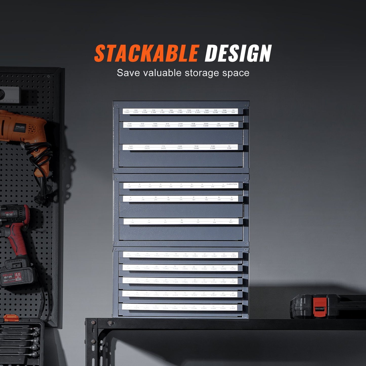 Borrbitsdispenserskåp, 3 delar tre-lådor för 1/16" till 1/2" & Letter-storlekar A till Z, Fem-lådorsborrorganisator för trådmätare storlekar #1 till #60, stapelbar för borrlagring