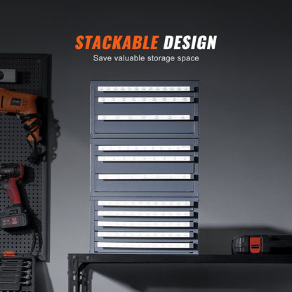 Borrbitsdispenserskåp, 3 delar tre-lådor för 1/16" till 1/2" & Letter-storlekar A till Z, Fem-lådorsborrorganisator för trådmätare storlekar #1 till #60, stapelbar för borrlagring