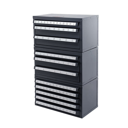 Borrbitsdispenserskåp, 3 delar tre-lådor för 1/16" till 1/2" & Letter-storlekar A till Z, Fem-lådorsborrorganisator för trådmätare storlekar #1 till #60, stapelbar för borrlagring