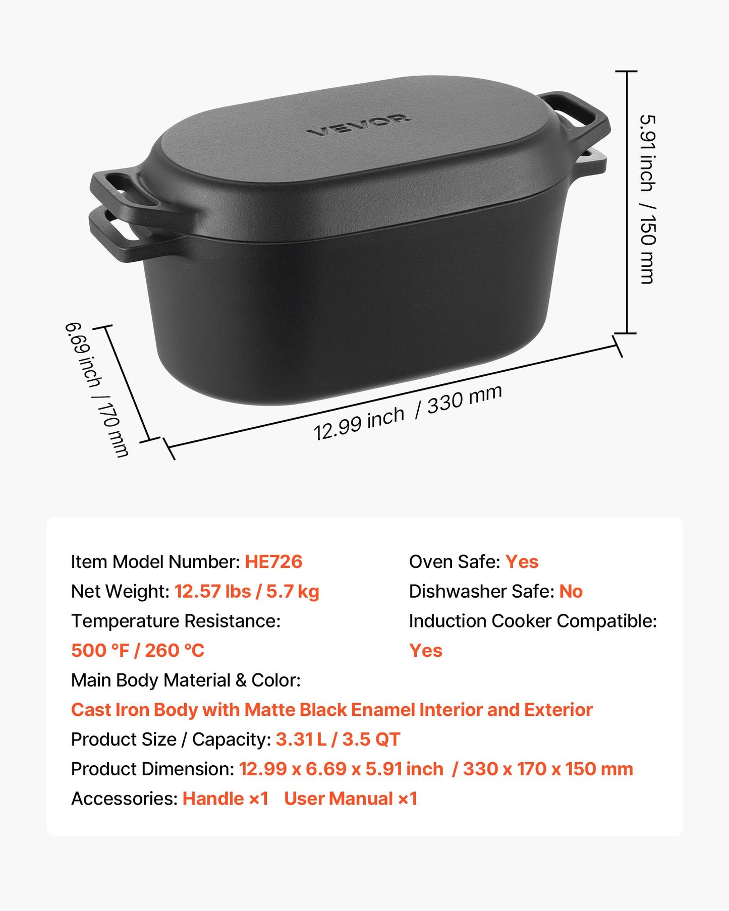 Enameled Cast Iron Dutch Oven, 3.5 Quart Pot with Lid and Dual Handles, Heavy-Duty Durable Cookware Pan, Oven Induction Compatible up to 500℉, for Braising, Stews, Roasting, Bread Baking, Black