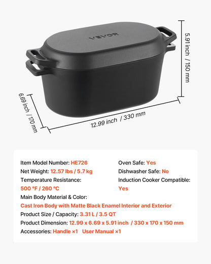 Enameled Cast Iron Dutch Oven, 3.5 Quart Pot with Lid and Dual Handles, Heavy-Duty Durable Cookware Pan, Oven Induction Compatible up to 500℉, for Braising, Stews, Roasting, Bread Baking, Black