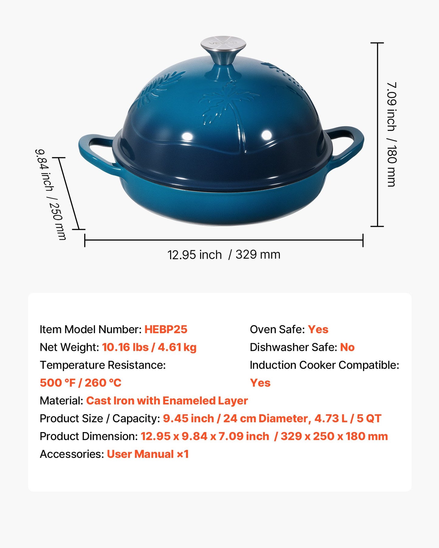 Enameled Cast Iron Dutch Oven, 5 Quart Pot for Sourdough Bread Baking, Heavy-Duty Cookware Pan with Lid and Dual Handles, Oven Induction Compatible up to 500℉, for Cooking Roasting