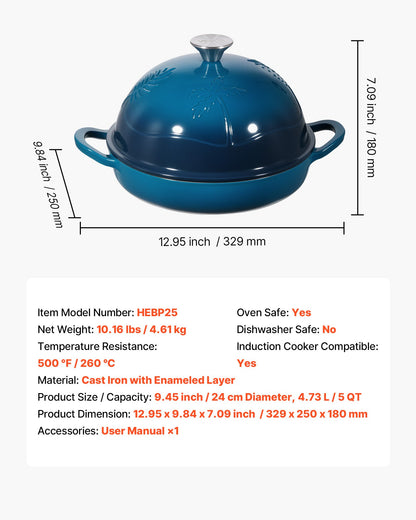 Enameled Cast Iron Dutch Oven, 5 Quart Pot for Sourdough Bread Baking, Heavy-Duty Cookware Pan with Lid and Dual Handles, Oven Induction Compatible up to 500℉, for Cooking Roasting