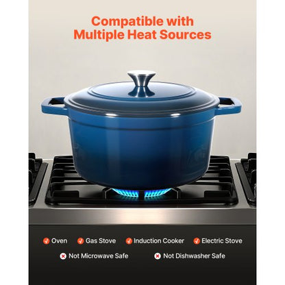 Emaljerad gjutjärnsgryta, 5,7 l kastrull med lock och dubbla handtag, kraftig och hållbar kokkärlsform, kompatibel med induktion upp till 260 ℃, för bräsering, grytor, stekning, brödbakning, blå |  EU