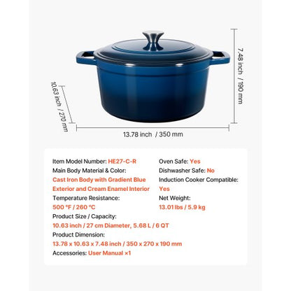 Emaljerad gjutjärnsgryta, 5,7 l kastrull med lock och dubbla handtag, kraftig och hållbar kokkärlsform, kompatibel med induktion upp till 260 ℃, för bräsering, grytor, stekning, brödbakning, blå |  EU