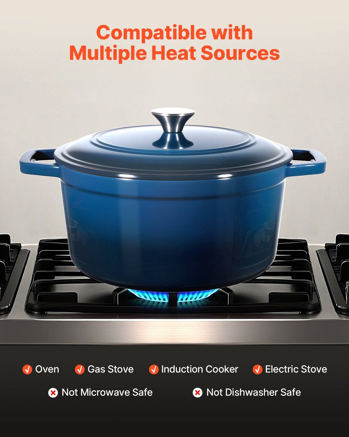 Enameled Cast Iron Dutch Oven, 6 Quart Pot with Lid and Dual Handles, Heavy-Duty Durable Cookware Pan, Oven Induction Compatible up to 500℉, for Braising, Stews, Roasting, Bread Baking, Blue