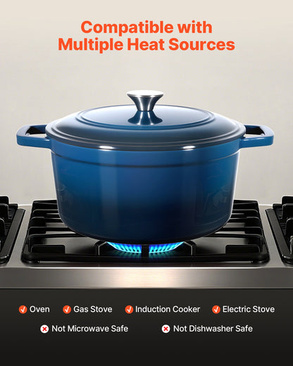 Enameled Cast Iron Dutch Oven, 6 Quart Pot with Lid and Dual Handles, Heavy-Duty Durable Cookware Pan, Oven Induction Compatible up to 500℉, for Braising, Stews, Roasting, Bread Baking, Blue
