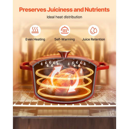 Emaljerad gjutjärnsgryta, 5,7 l kastrull med lock och dubbla handtag, kraftig och hållbar kokkärlsform, kompatibel med induktion upp till 260 ℃, för bräsering, grytor, stekning, brödbakning, röd |  EU