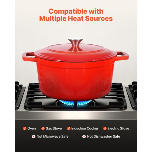 Emaljerad gjutjärnsgryta, 5,7 l kastrull med lock och dubbla handtag, kraftig och hållbar kokkärlsform, kompatibel med induktion upp till 260 ℃, för bräsering, grytor, stekning, brödbakning, röd |  EU