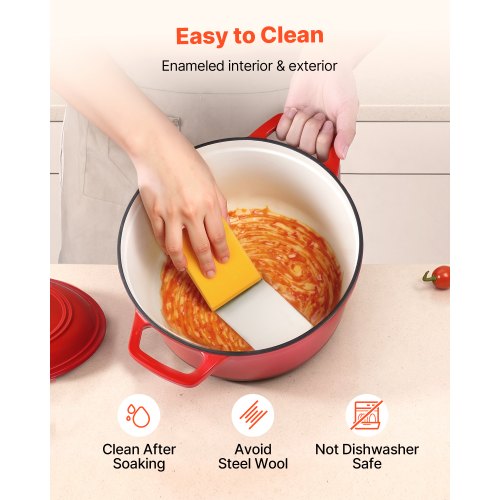 Emaljerad gjutjärnsgryta, 5,7 l kastrull med lock och dubbla handtag, kraftig och hållbar kokkärlsform, kompatibel med induktion upp till 260 ℃, för bräsering, grytor, stekning, brödbakning, röd |  EU