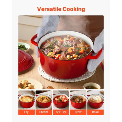 Emaljerad gjutjärnsgryta, 5,7 l kastrull med lock och dubbla handtag, kraftig och hållbar kokkärlsform, kompatibel med induktion upp till 260 ℃, för bräsering, grytor, stekning, brödbakning, röd |  EU