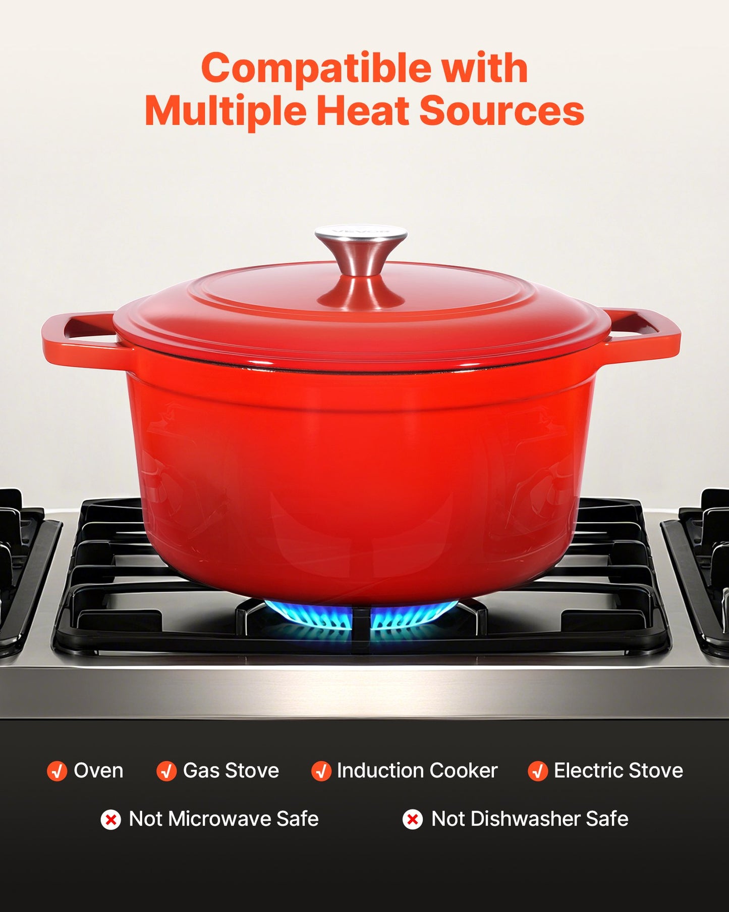 Enameled Cast Iron Dutch Oven, 6 Quart Pot with Lid and Dual Handles, Heavy-Duty Durable Cookware Pan, Oven Induction Compatible up to 500℉, for Braising, Stews, Roasting, Bread Baking, Red