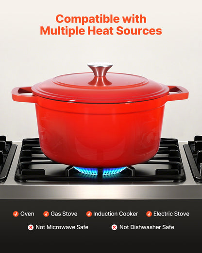 Enameled Cast Iron Dutch Oven, 6 Quart Pot with Lid and Dual Handles, Heavy-Duty Durable Cookware Pan, Oven Induction Compatible up to 500℉, for Braising, Stews, Roasting, Bread Baking, Red