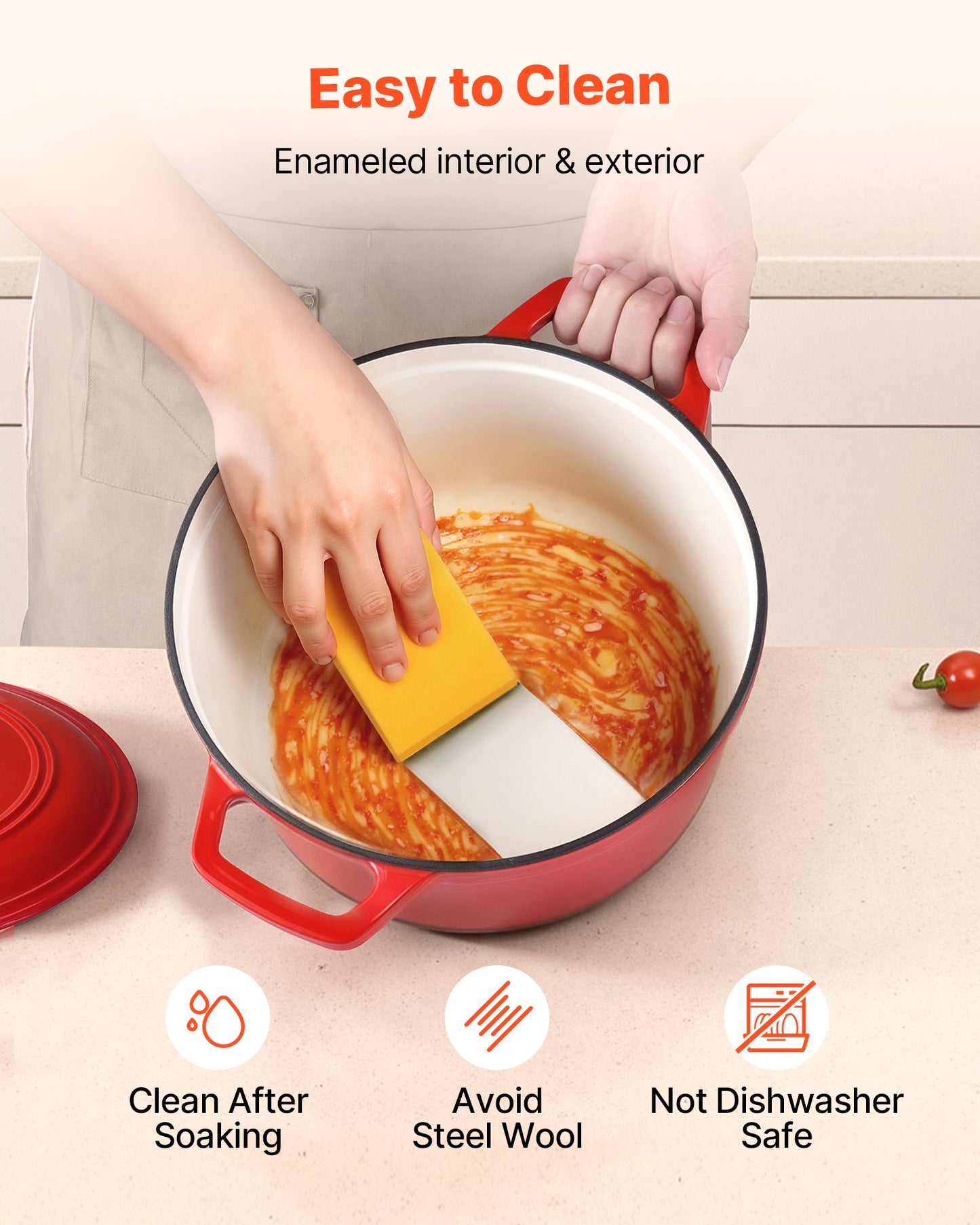 Enameled Cast Iron Dutch Oven, 6 Quart Pot with Lid and Dual Handles, Heavy-Duty Durable Cookware Pan, Oven Induction Compatible up to 500℉, for Braising, Stews, Roasting, Bread Baking, Red