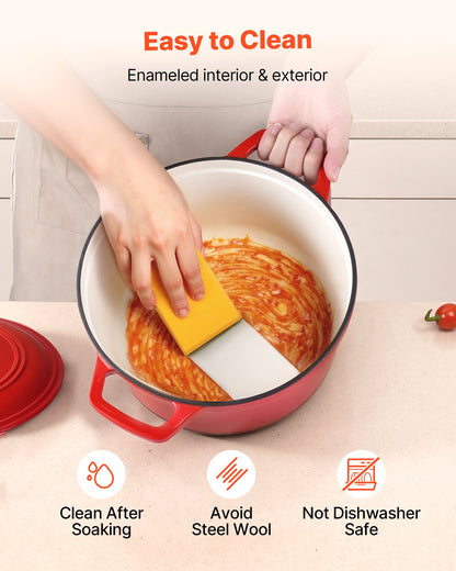Enameled Cast Iron Dutch Oven, 6 Quart Pot with Lid and Dual Handles, Heavy-Duty Durable Cookware Pan, Oven Induction Compatible up to 500℉, for Braising, Stews, Roasting, Bread Baking, Red