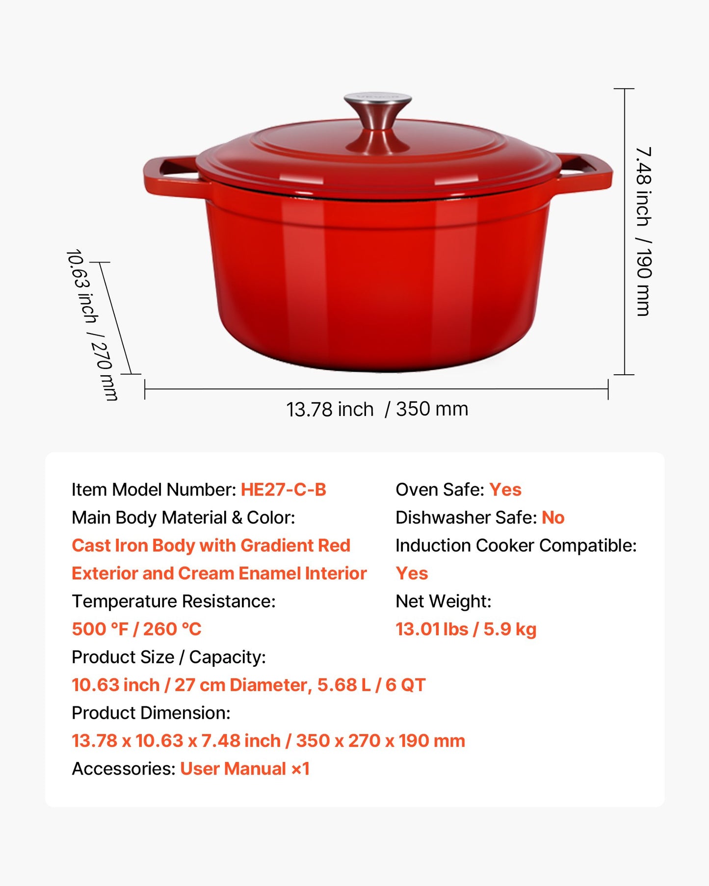 Enameled Cast Iron Dutch Oven, 6 Quart Pot with Lid and Dual Handles, Heavy-Duty Durable Cookware Pan, Oven Induction Compatible up to 500℉, for Braising, Stews, Roasting, Bread Baking, Red
