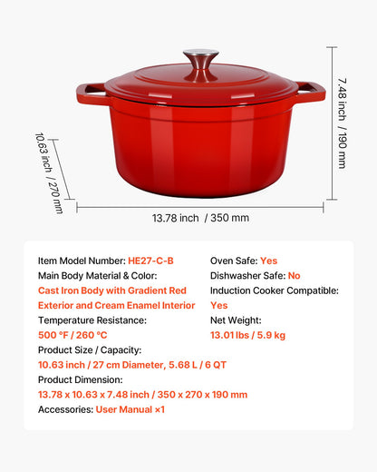Enameled Cast Iron Dutch Oven, 6 Quart Pot with Lid and Dual Handles, Heavy-Duty Durable Cookware Pan, Oven Induction Compatible up to 500℉, for Braising, Stews, Roasting, Bread Baking, Red