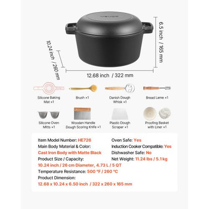 gjutjärnsgryta, 2-i-1-gryta med stekpanna och lock, 4,7 l kokkärl med jäskorg, tillbehör till brödbakning, kompatibel med brödugn 260 ℃ |  EU