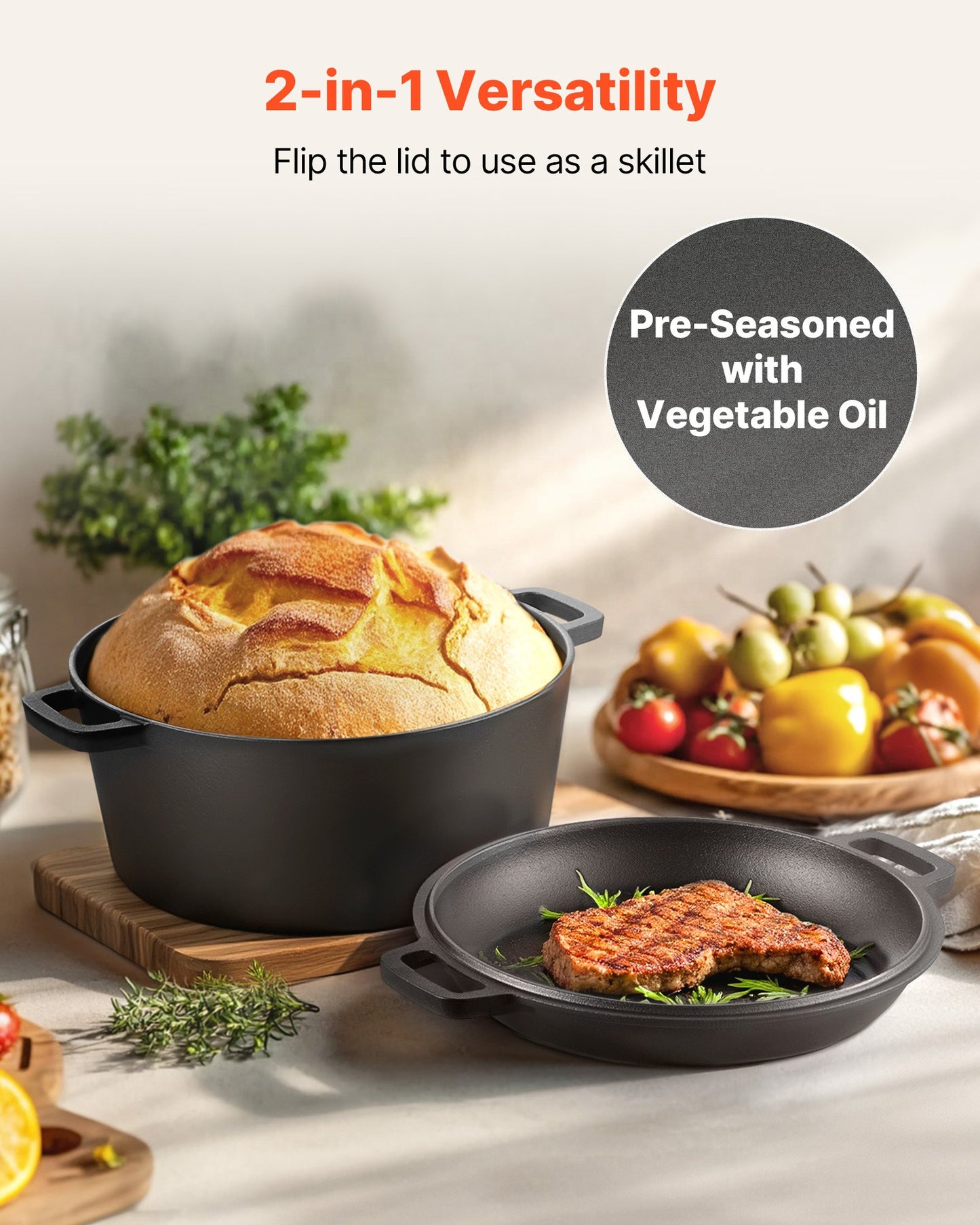 Cast Iron Dutch Oven, 2-in-1 Pre-Seasoned Pot with Skillet Lid, 5QT Cookware Pan with Proofing Basket, Bread Baking Accessories, Bread-Oven Compatible 500℉