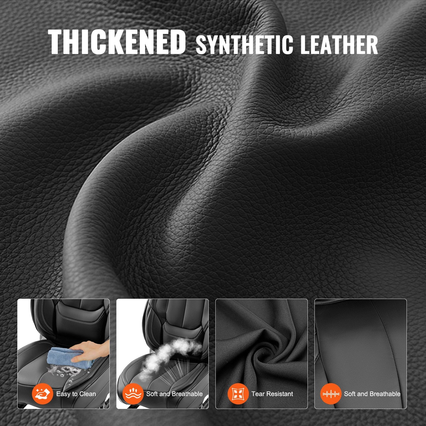 Sätesöverdrag, universella bilsätesöverdrag Framsäten, 6 st sätesöverdrag i konstläder, helt innesluten design, löstagbart nackstöd och krockkudde kompatibel, för de flesta bilar SUV:ar och lastbilar Svart