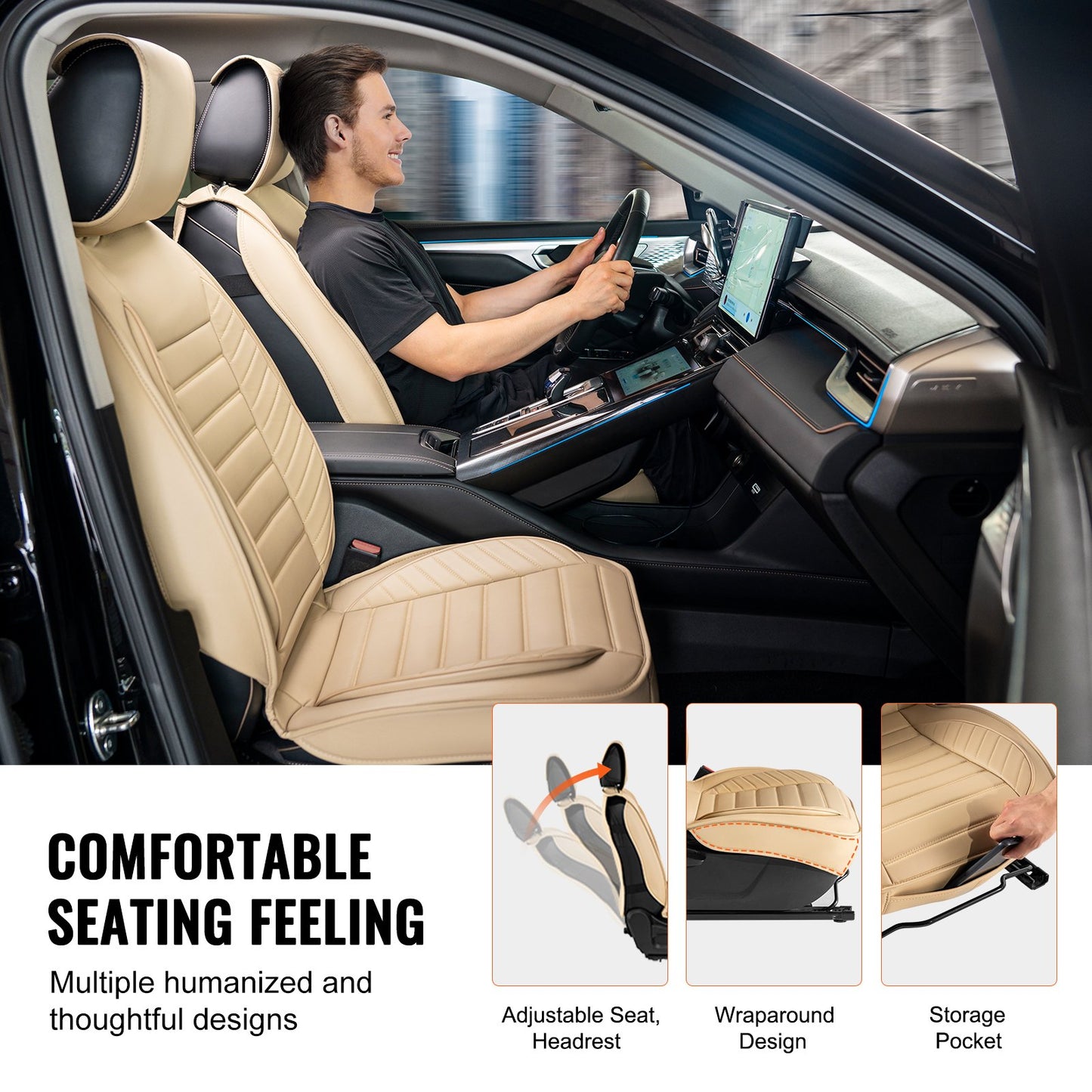 Seat Covers, Universal Car Seat Covers Front Seats, 2pcs Faux Leather Seat Cover, Semi-enclosed Design, Detachable Headrest and Airbag Compatible, for Most Cars SUVs and Trucks Beige