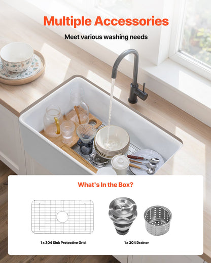 33.5x20 inch Farmhouse Sink, White Sink Workstation, Fireclay Undermount Basins, Apron Front Single Bowl Basin with Multiple Accessories, Large Capacity Household Dishwasher Sinks for Kitchen