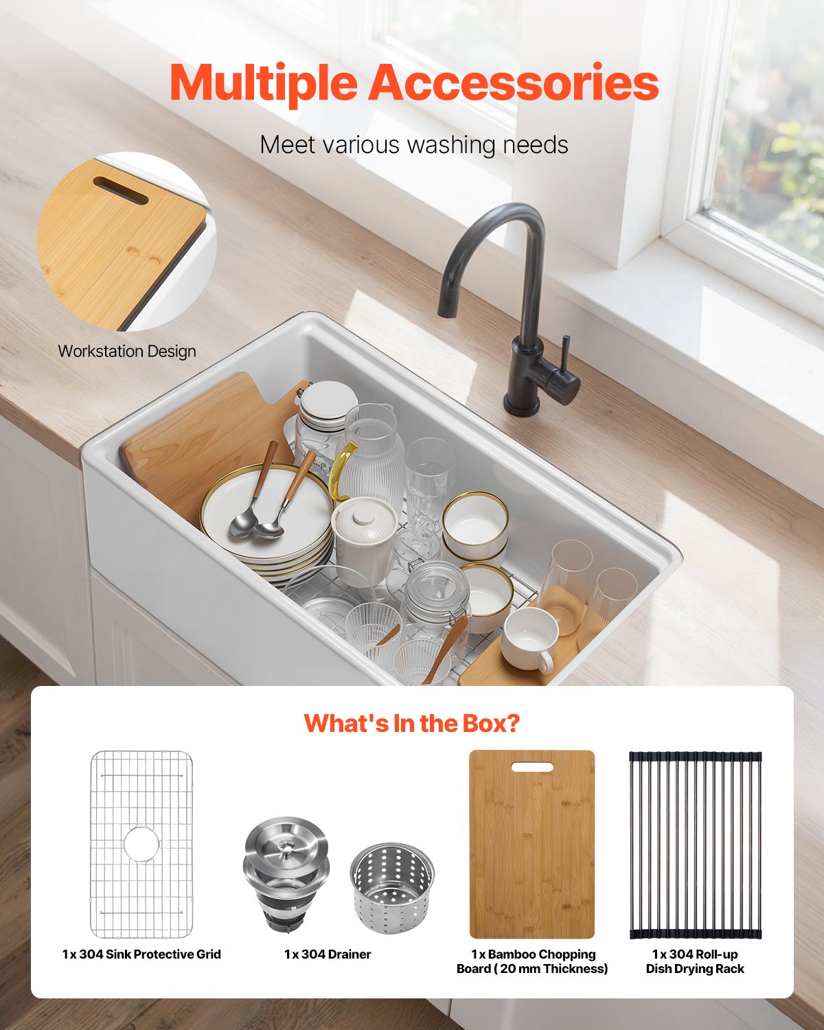 32.5x20 inch Farmhouse Sink, White Sink Workstation, Fireclay Undermount Basins, Apron Front Single Bowl Basin with Multiple Accessories, Large Capacity Household Dishwasher Sinks for Kitchen