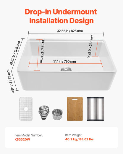 32.5x20 inch Farmhouse Sink, White Sink Workstation, Fireclay Undermount Basins, Apron Front Single Bowl Basin with Multiple Accessories, Large Capacity Household Dishwasher Sinks for Kitchen