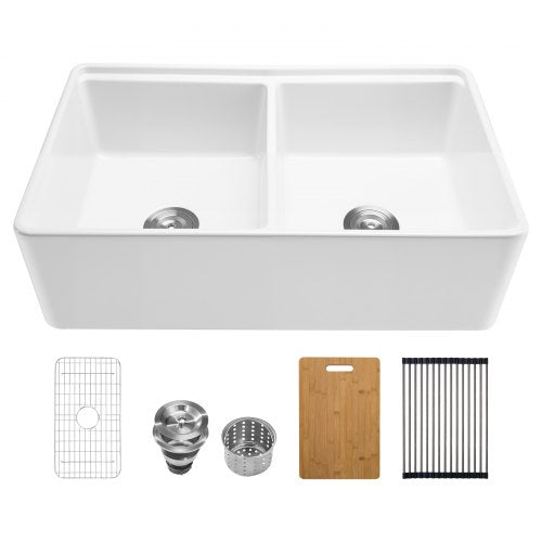 33x20 inch Farmhouse Sink, White Sink Workstation, Fireclay Undermount Basins, Apron Front Double Bowl Basin with Multiple Accessories, Large Capacity Household Dishwasher Sinks for Kitchen